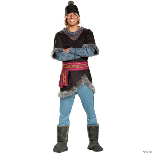 Disguise Frozen Kristoff Deluxe Costume - Adult, a detailed costume with faux fur trim, a beanie hat, and a decorative sash, suitable for themed parties or cosplay.