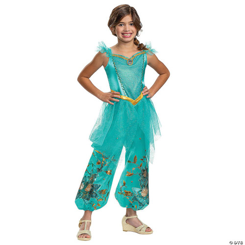 Disguise Jasmine Deluxe Costume for Child, Girl dressed as Jasmine from Aladdin with turquoise top, matching pants with floral embroidery, and gold accessories