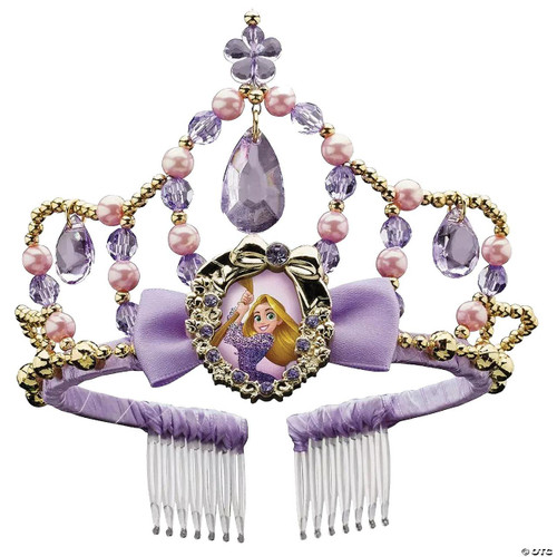 Disguise Disney's Tangled Rapunzel Purple Tiara - Child, a children's princess tiara decorated with purple beads, pink pearls, and a Rapunzel character charm in a purple dress.