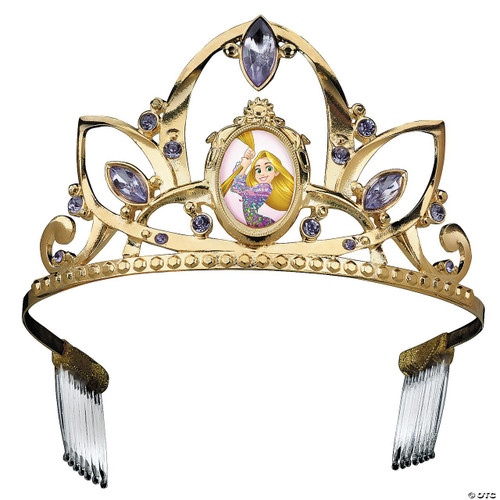 Disguise Deluxe Rapunzel Tiara- Child, gold princess tiara with purple gems, decorative crown design, and Rapunzel illustration in the center.
