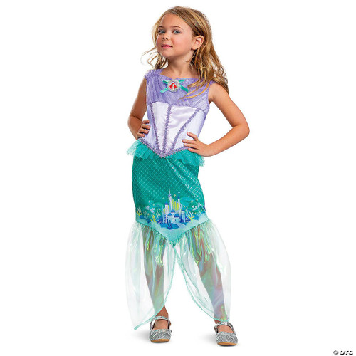Disguise Little Mermaid Ariel Deluxe Costume-Child, young girl dressed as Ariel from The Little Mermaid, costume features a purple top, aqua skirt with cityscape and ocean print, and a sheer tail overlay, suitable for dress-up or costume parties.