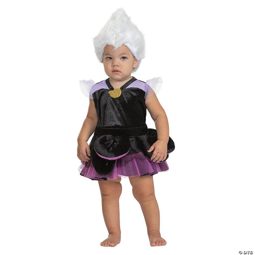 Disguise The Little Mermaid Ursula Costume - 12-18 Months, a young girl wearing a black and purple Ursula costume with a white furry headpiece and purple tulle skirt.