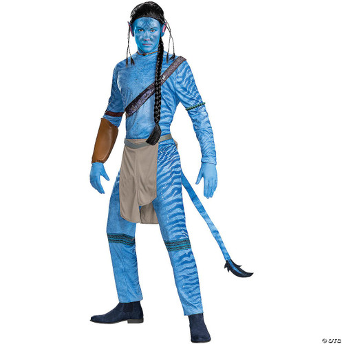 Disguise Avatar™ Jake Costume - Adult, detailed full-body view of a person dressed as the character Jake from Avatar in blue body paint, long braid, and tribal-inspired attire.