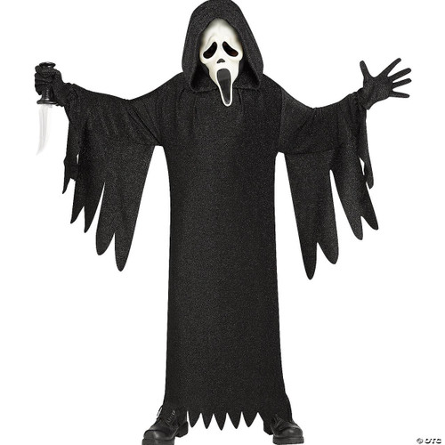 Fun World Ghost Face Costume 25th Anniversary - Child, a spooky costume with a black hooded robe, ghost mask, and attached wings, designed for children.