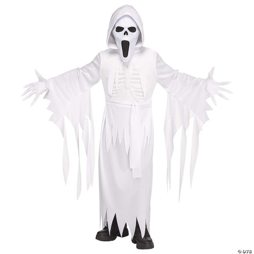 Fun World The Banshee Ghost Costume - Child, a white ghostly costume with a hood, skeletal chest detail, and a spooky ghost face mask, suitable for Halloween or costume parties.