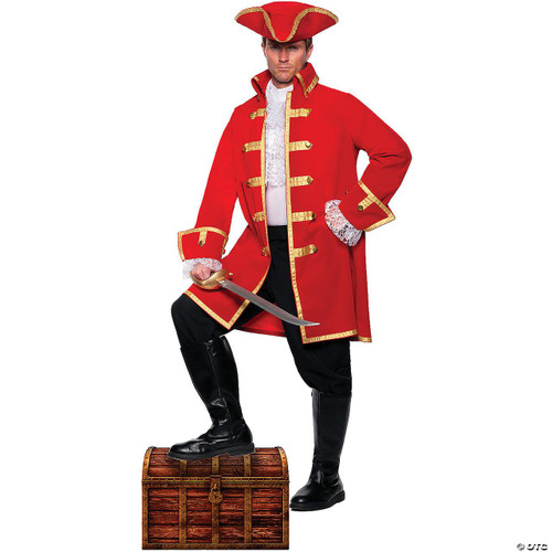 Underwraps Pirate Captain Costume - Adult, man dressed as a pirate captain in a red coat with gold trim, matching hat, black boots, and holding a sword, standing on a treasure chest.