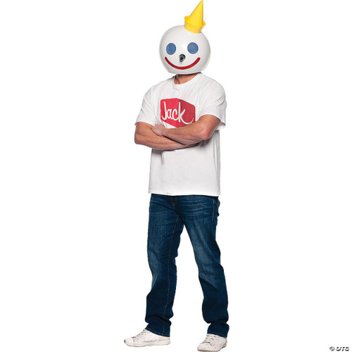 Underwraps Jack in the Box Kit Adult, person wearing a jack-in-the-box themed mask with a smiling face, yellow party hat, white t-shirt with red 'Jack' logo, blue jeans, and white sneakers.