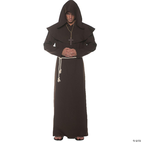 Underwraps Monk Robe Deluxe Brown, a full-length brown monk costume with a hooded robe and a cross necklace.