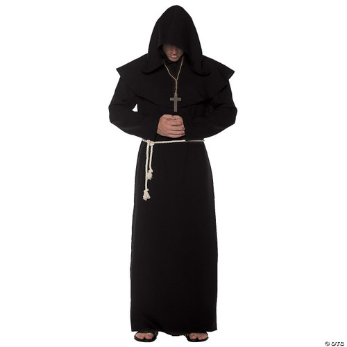 Underwraps Monk Robe Deluxe Black, a black priest costume with a hood, layered shoulder detail, and a rope waist cord, suitable for cosplay or costume events.