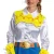 Disguise Toy Story™ Jessie Deluxe Disney Pixar Jumpsuit Costume -Adult, a woman wearing a playful cowgirl costume with a white satin shirt, yellow yoke with red rope design, a cowgirl belt with a gold buckle, and matching accents.