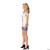 Rasta Imposta Natural Light Can Dress Costume - Woman's, a woman wearing a white sleeveless dress with colorful stripe details and the phrase 'Light' printed on the front, paired with black high heels and a white hat.