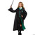 Disguise Harry Potter Slytherin Robe Deluxe - Child, a young girl dressed in a black Slytherin robe from Harry Potter, holding a wand, with a green and silver tie, white shirt, and black shoes.