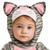 Fun World Baby Grey Stripe Kitten Costume, adorable baby wearing a grey and pink striped kitten hoodie with a cute face and ears for infants or toddlers.