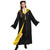 Disguise Harry Potter Hufflepuff Deluxe Robe - Adult, a woman wearing a black and yellow wizard robe with a Hogwarts crest, white shirt, yellow and black striped tie, and black shoes, standing with arms outstretched.