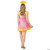 Rasta Imposta Watermelon Jolly Rancher Women's Dress Costume, back view of woman wearing a pink and yellow watermelon-themed dress with ruffled hem and matching headpiece.