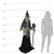 Seasonal Visions 6' Lunging Witch With DigitEye Animated Prop, a tall Halloween witch decoration with a spooky face, wearing a pointed hat, holding a staff with a skull, and draped in tattered clothing, standing next to a human silhouette for size comparison.