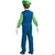 Disguise Super Mario Bros.™ Luigi Costume Deluxe- Child, front view of a child wearing a green hat, blue jumpsuit with green sleeves, white gloves, and black shoes, back view.
