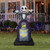 Gemmy 6' Airblown Pop-Up Jack Skellington Halloween inflatable, featuring a large, cheerful Jack Skellington figure with outstretched arms, standing behind a spooky 'Master of Fright' tombstone decoration on a front lawn with Halloween decorations and pumpkins in the background.