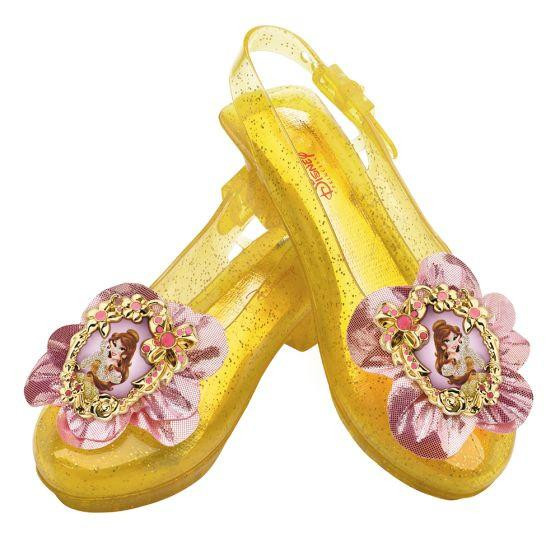 Disguise Beauty and the Beast Belle Yellow Sparkle Jelly Shoes for Children, yellow transparent jelly shoes with Belle character decoration and pink floral accents.