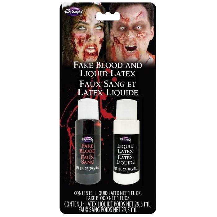 Fun World Fake Blood & Liquid Latex Duo, image showing two 1oz bottles of fake blood and liquid latex for Halloween and theatrical costumes.