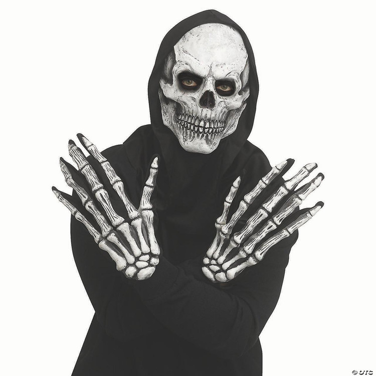 Fun World Skull Mask with Hood & Long-Fingered Gloves - One Size- Grey 