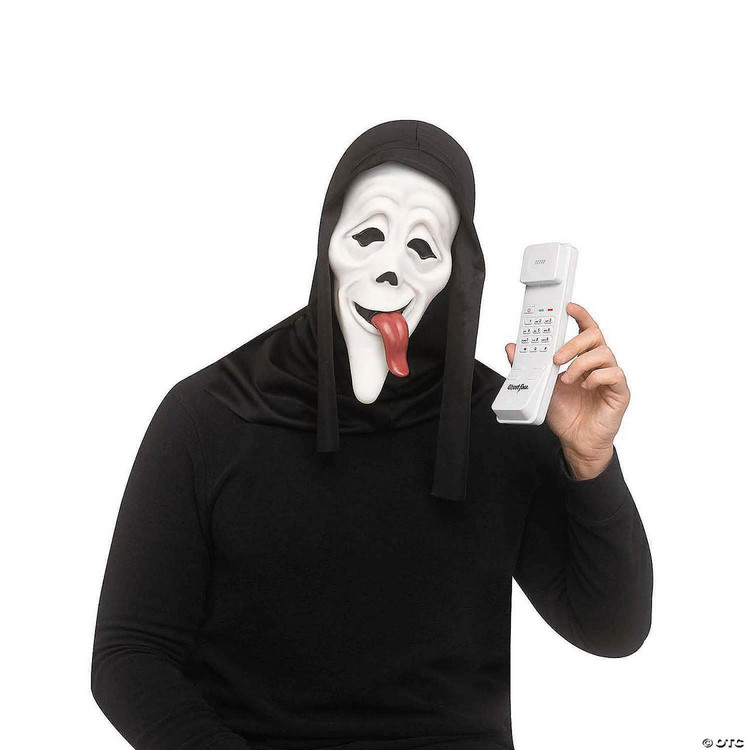 Fun World Scary Movie™ Wassup! Mask & Phone Costume Accessory Kit, person wearing a ghostly mask with a long tongue, black hooded cloak, holding a white pretend phone.