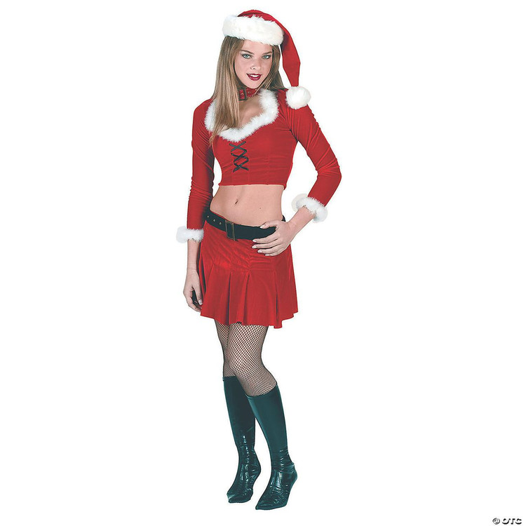 Fun World Ms. Santa Claus Sexy Costume - Medium/Large, a woman wearing a revealing festive red Santa-themed outfit with white fur trim, fishnet stockings, black boots, and Santa hat, ideal for holiday parties and costumes.