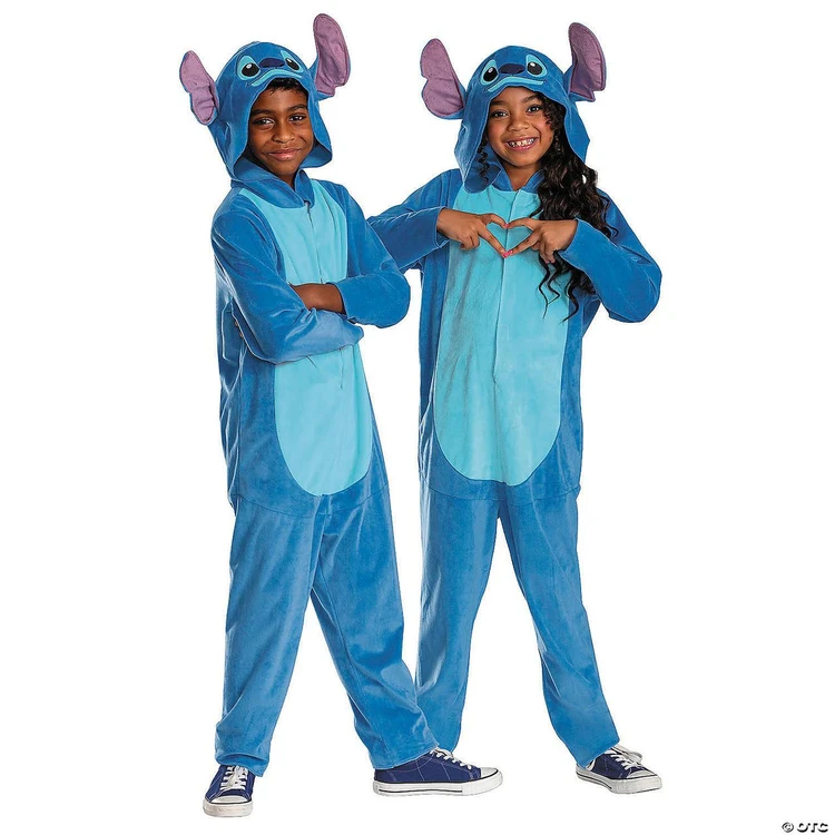 Disguise Lilo & Stitch Stitch Jumpsuit Disney's Costume - Child, Two children wearing blue Stitch costumes with hood featuring Stitch's face and ears, smiling and making heart shapes with their hands.