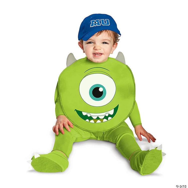 Disguise Baby Monsters University Mike Costume, a green plush costume featuring a large one-eyed monster face and small gray horns, worn by a smiling toddler with a blue Monsters University cap.