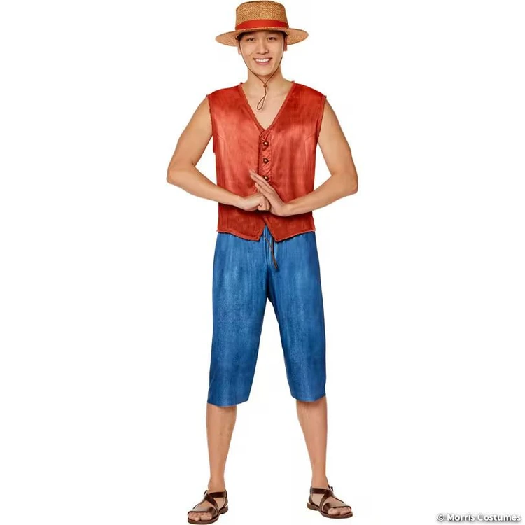 InSpirit One Piece™ Monkey D. Luffy Costume - Adult, man wearing a straw hat, sleeveless red vest, blue knee-length shorts, and sandals, portraying Monkey D. Luffy from One Piece.