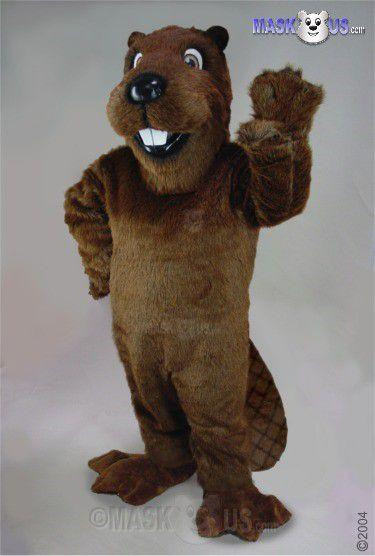 Mask US Barney Beaver Mascot Costume, person in large brown beaver mascot costume with smiling face and waving hand.