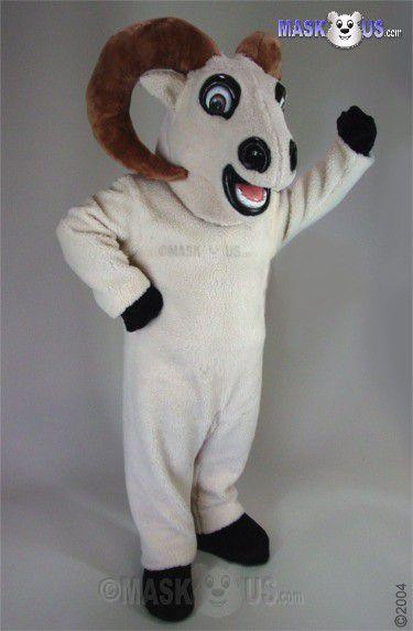 Mask US Bighorn Mascot Costume, a playful bighorn sheep mascot with a large head, big eyes, and a cheerful expression, wearing a white furry body suit with black hooves.