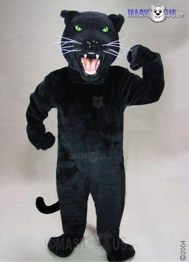 Mask US Black Panther Mascot Costume, costume featuring a black panther with green eyes, open mouth showing teeth, and a black body suit with a tail, suitable for purchase and costume events.
