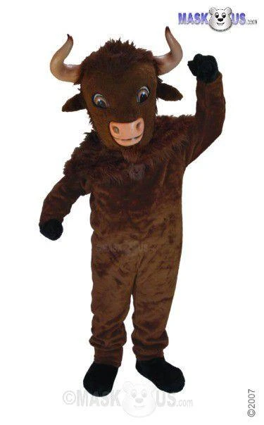 Mask US Bison / Buffalo Mascot Costume, a full-body buffalo mascot suit with brown fur, horns, large eyes, and a friendly expression.