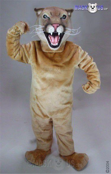 Mask US Cougar Mascot Costume, a realistic cougar mascot costume with a detailed cougar head and a full-body tan fur suit, for purchase.