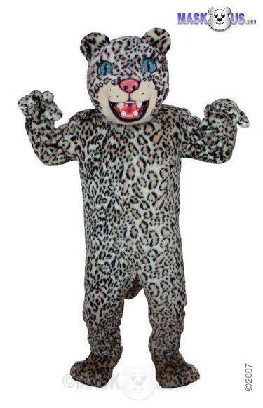 Mask US Spotted Leopard Mascot Costume, a full-body leopard mascot costume with spotted fur pattern and a large cartoonish leopard head with blue eyes and pink nose.