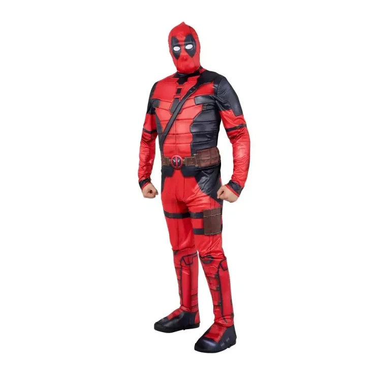 JazWares Deadpool & Wolverine Muscle Costume- Marvel Adult, Red and black superhero costume with muscle padding, mask, and detailed costume design.