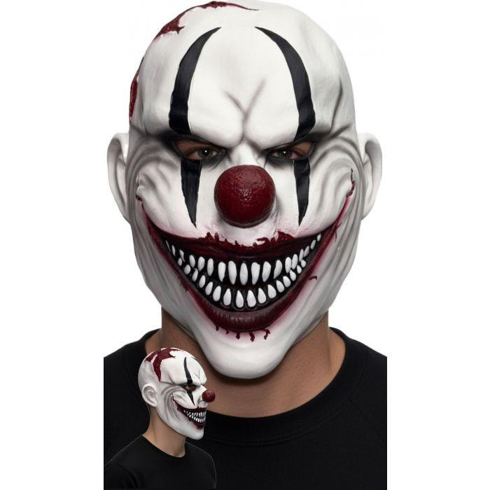Fun World Carnival Fiend Clown Mask, a frightening clown mask featuring a sinister grin with sharp teeth, a red nose, and white face paint with black accents, designed for Halloween or costume parties.