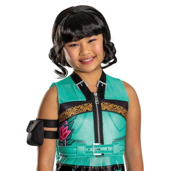 Disguise KPop Demon Hunters™ Zoey Wig-Child, children wearing a black wig with wavy curls and bangs, costume outfit with teal, black, and gold details, and a playful smile.