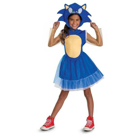 Disguise Sonic the Hedgehog™ Sonic Girl's Costume - Child, girl wearing a Sonic the Hedgehog themed dress with a large Sonic mask hat, red sneakers, and posing happily.