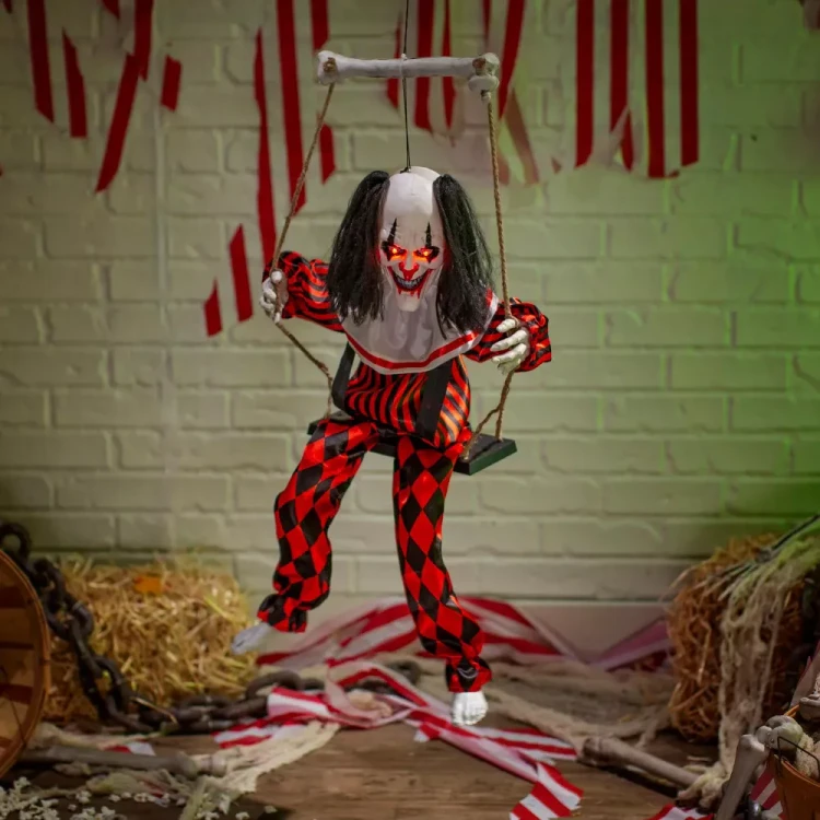 Animated Light-Up 3 Ft. 3" Hanging Singing Clown on a Swing Halloween Decoration