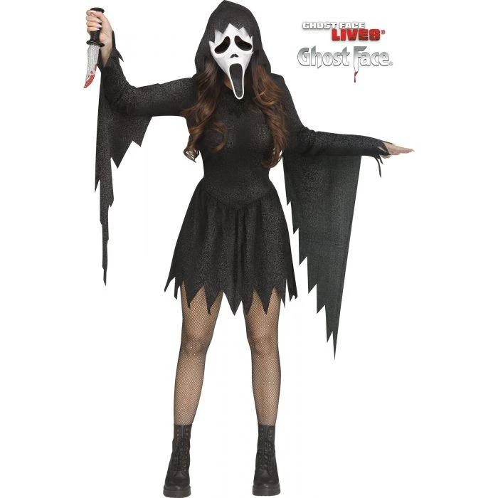 Fun World Ghost Face® Black Glitter Dress Costume - Adult, woman wearing a spooky black glitter dress with tattered jagged edges, ghost face mask, and holding a bloody prop, perfect for Halloween costumes.