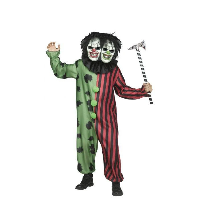 Fun World Two-Headed Clown Jumpsuit Costume - Adult, a spooky clown costume with dual masks featuring different creepy faces and black, red, and green striped and polka dot patterns, holding a striped axe prop.