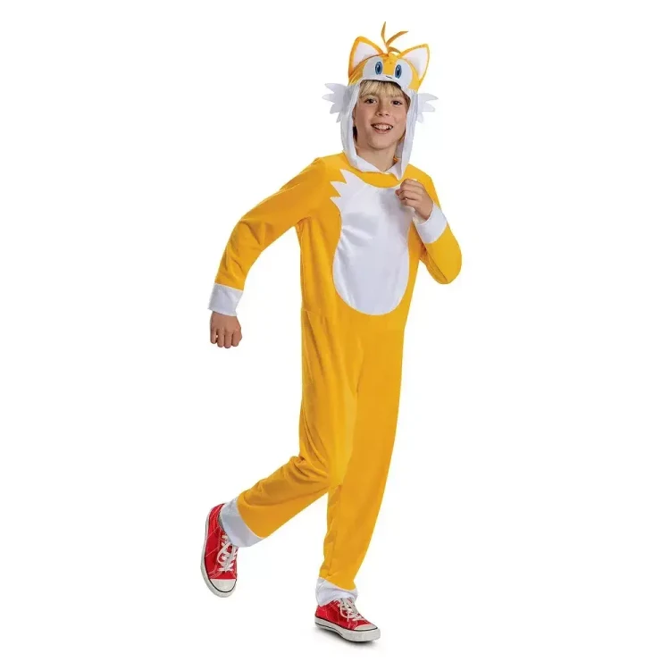 Disguise Sonic the Hedgehog Tails Hooded Jumpsuit Costume - Child, a child wearing a bright yellow Sonic the Hedgehog Tails costume with a hood featuring Tails' face and ears, white belly, and red sneakers.