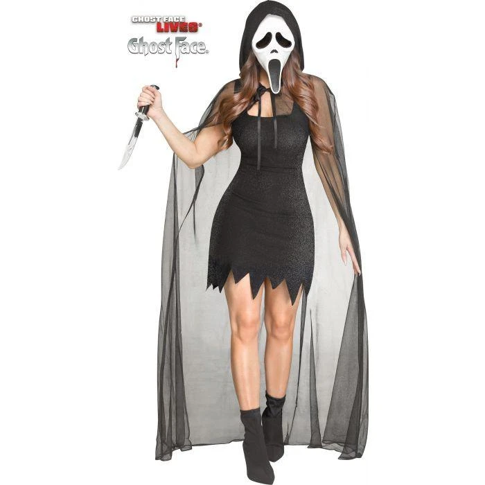 Fun World Ghost Face® 30th Anniversary Ladies - Adult Halloween costume, featuring a black dress, a ghost face mask, a black cape, and a prop knife for spooky cosplay