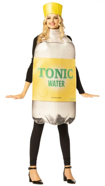 Rasta Imposta Tonic Water Bottle Tunic Costume with Hat - Adult, woman wearing a bottle-shaped novelty costume with a yellow hat and black leggings, designed to resemble a tonic water bottle.