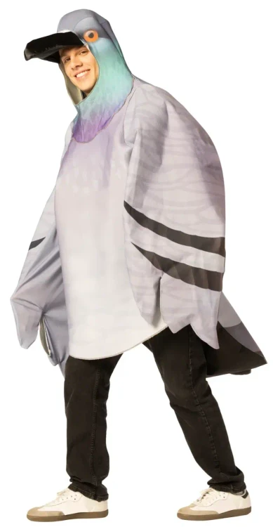 Rasta Imposta Pigeon Long-Sleeved Tunic Gray Costume - Adult, person wearing a bird costume with long gray wings, colorful pigeon head with beak and eye, and long sleeves designed as pigeon feathers.