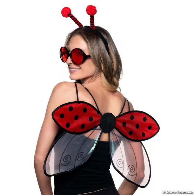 Underwraps Lady Bug Costume Accessory Kit, woman wearing ladybug wings, antenna headband, and rounded sunglasses.
