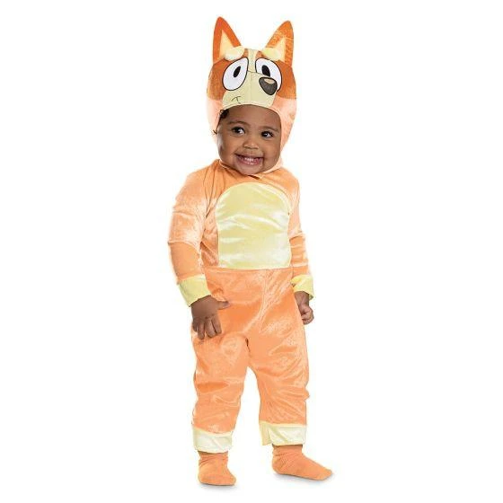 Disguise Baby Classic Bluey™ Bingo Costume - 12-18 Months, a young child wearing an orange and beige plush costume with a Bingo animal mask hat.
