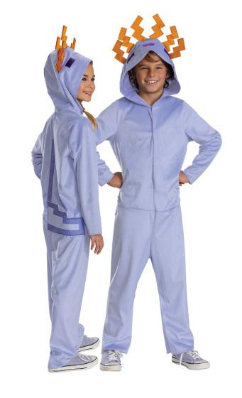 Disguise Minecraft™ Purple Axolotl Hooded Jumpsuit Costume - Child, two children wearing light purple jumpsuits with hooded designs of purple and orange axolotl characters from Minecraft, one child is smiling with hands on hips, and the other is looking at her, standing against a white background.